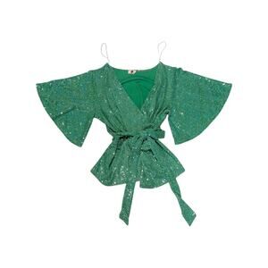 Vintage Y2K Green Disco Foil Polka Dot Wrap Blouse Top Bell Sleeve Flare Shiny